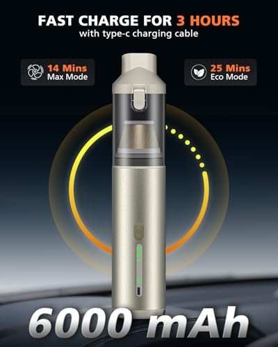 Car Vacuum Portable with 16000Pa Powerful Suction, Handheld Vacuum Cordless Rechargeable Blow & Suction 4 in 1, Small Vacuum Cleaner for Car, Outdoor, Home, Office (Gold Renew)