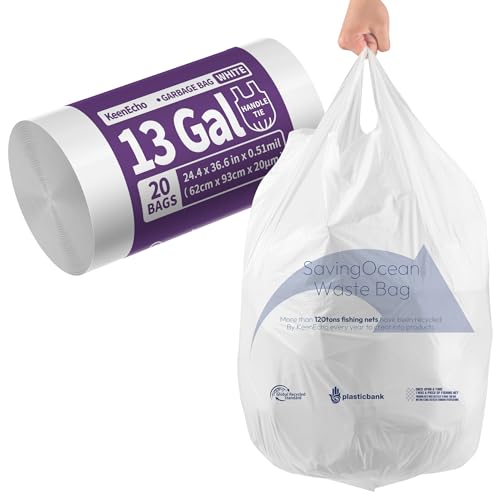 Small Trash Bags with Handles - Ocean Plastic Upcycling - Plastic Garbage Bags, Can Bin & Waste Basket Liner for Kitchen, Bathroom, Office and Pets, 13 Gallon 20 Count White - color: 13Gal White, size: 1 ROLL