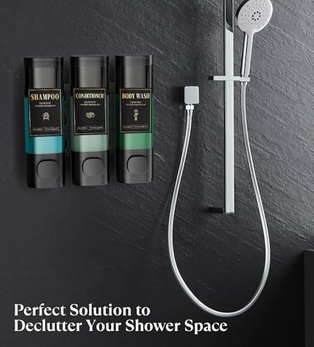 Luxspire Shampoo and Conditioner Dispenser, No Drill Wall Mounted Shower Soap Dispenser 3 Chamber with Waterproof Labels, Easy Refill Soap Dispenser for Bathroom Hotel Kitchen, Black - color: Black, size: 3 Chamber