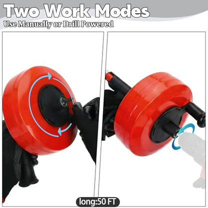 50 Ft Drain Auger,Use Manually or Drill Powered 50 Feet Drain Snake,Heavy Duty Flexible Plumbing Snake,With Gloves and Storage Bag for Kitchen Sink, Shower Drain (50FT, Red) - color: Red-50FT
