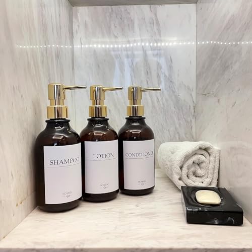 Shampoo Dispenser for Shower Wall, Shampoo and Conditioner Dispenser with 16 Waterproof Labels, No Drill Shower Soap Dispenser Bathroom, Shower Soap Dispenser Wall Mounted,17oz, 3 Pack, Gold Amber - color: 1-amber Bottle + Gold Pump