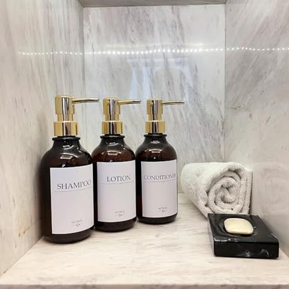 Shampoo Dispenser for Shower Wall, Shampoo and Conditioner Dispenser with 16 Waterproof Labels, No Drill Shower Soap Dispenser Bathroom, Shower Soap Dispenser Wall Mounted,17oz, 3 Pack, Gold Amber - color: 1-amber Bottle + Gold Pump