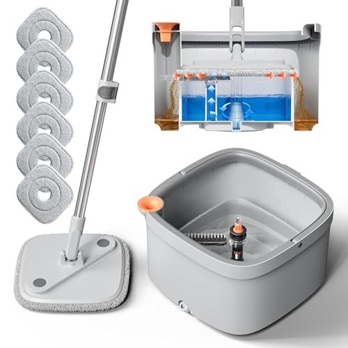Spin Mop and Bucket Set with Self Separation Dirty and Clean Water System, Self Wringing 360° Rotating Square Mop Head for Home Floors Cleaning (1.0 Mop and Bucket Set (6 Pads)) - size: 1.0 Mop and Bucket Set (6 pads)