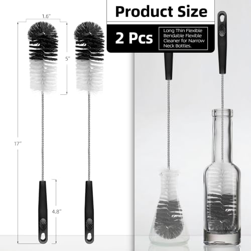 2 Pcs Bottle Brushes Set, 17 Inches Long Thin Flexible Bendable Flexible Cleaner for Narrow Neck Bottles, Water/Wine/Beer/Baby Bottles, Pipes, Tubes, Hoses, Teapots - Bendable & Dishwasher - size: 17" Extended
