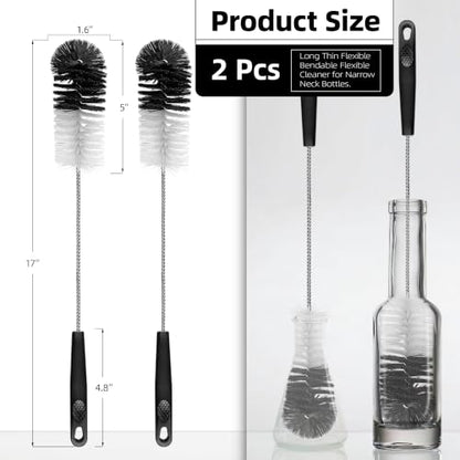 2 Pcs Bottle Brushes Set, 17 Inches Long Thin Flexible Bendable Flexible Cleaner for Narrow Neck Bottles, Water/Wine/Beer/Baby Bottles, Pipes, Tubes, Hoses, Teapots - Bendable & Dishwasher - size: 17" Extended
