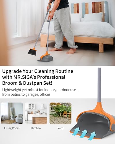 MR.SIGA Broom and Dustpan Set with Long Handle, Stand Upright Broom with Dustpan Combo for Cleaning Office, Garage, Lobby, Lightweight Sweeping Set, 51.7"(131 cm) Long Handle, Gray & Orange - color: Gray & Orange