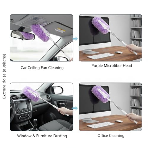 Microfiber Duster for Cleaning, Extendable Pole, Up to 30 Inch Reachable, Cleaning Tools for Car, Ceiling Fan, Window, Furniture, Office(Purple) - color: Purple
