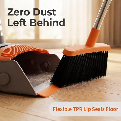 Broom with Standing Dustpan Combo Set, 52" Long Handle Self-Cleaning Teeth, 5-Row Stiff Bristles Angled Head, TPR Rubber Lip for Kitchen Pet Hair Sweeping Indoor Outdoor - color: Broom Dustpan Set