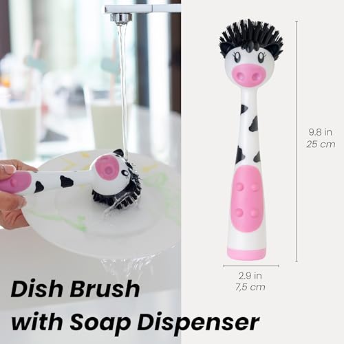 Vigar Soap Dispensing Dish Brush - Moo Cow-Shaped, Dish Brush with Handle and Soap Dispenser, Dish Scrub Brush for Dishes, Pot Scrubber, Sink Scrubber, Kitchen Brush, Kitchen Essentials - White, Black - color: Moo Cow