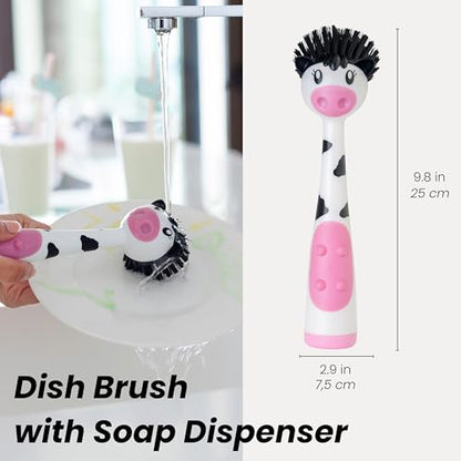 Vigar Soap Dispensing Dish Brush - Moo Cow-Shaped, Dish Brush with Handle and Soap Dispenser, Dish Scrub Brush for Dishes, Pot Scrubber, Sink Scrubber, Kitchen Brush, Kitchen Essentials - White, Black - color: Moo Cow