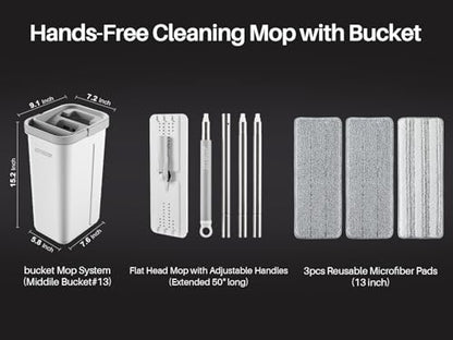 JOYMOOP Wall Mop and Bucket Set, Hands-Free Flat Floor Mop with 3 Washable Microfiber Pads, Wet and Dry Use, Ideal for Home and Commercial Floor Cleaning - color: White Lite133