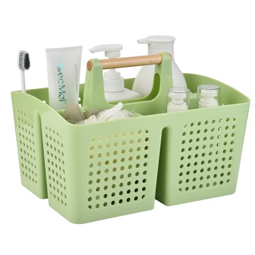 Portable Shower Caddy Basket with Wood Handle, 3-Compartment Bathroom Organizer Tote with Drain Holes, Plastic Shower Basket for Dorm, Toiletries, Cleaning Supplies,Grass Green - color: Grass Green