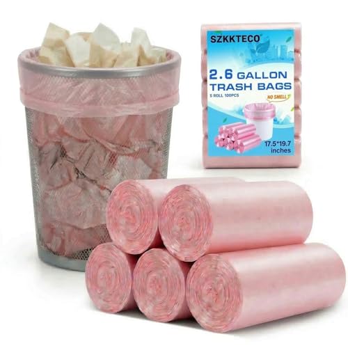 Small Trash Bags 2.6 Gallon (Fits 1.6-3 Gal), Pink Semi-Transparent Garbage Can Liners, Mini Wastebasket Plastic Bag for Bathroom, Bedroom, Car, 100 Count (5 Rolls) - color: Pink