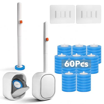2-Pack Disposable Toilet Brush & Wand Kit, Wall-Mounted Auto-Closing Caddies with 60 Refills, Deep Cleaning System with Pre-Loaded Scrubber for Rust & Hard Water - Mess-Free Modern Design