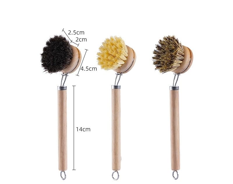 Bamboo Dish Brush - Kitchen Scrub Brushes with 3 Replacement Heads | Natural Bristle | Sisal | Horse Hair - Pot Brush with Wooden Handle for Cleaning Grills, Pans, Stoves
