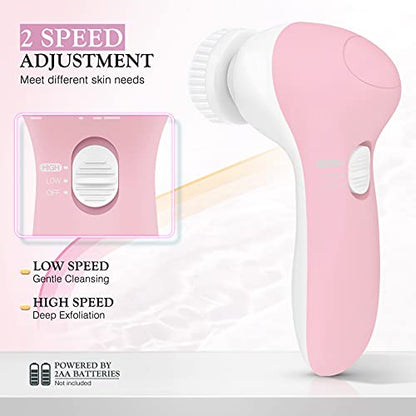 COSLUS Facial Cleansing Brush Silicone Face Scrubber: 7 in 1 FBS-D Electric Exfoliating Rotating Massage Device Waterproof Deep Cleaning Exfoliation Spa Machine - Electronic Skin Care Wash System - color: Pink, size: With 7 brush heads