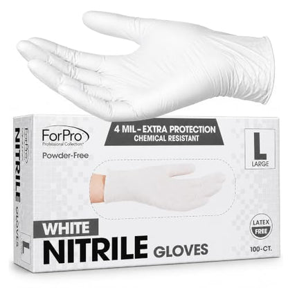 ForPro Disposable Nitrile Gloves, Chemical Resistant, Powder-Free, Latex-Free, Non-Sterile, Food Safe, 4 Mil - color: White, size: Large (Pack of 100)