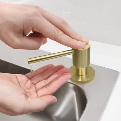 EADOT Brushed Gold All Brass Sink Soap Dispenser for Kitchen Sink Deck Mounted with 17 OZ Above The Sink Refillable PET Bottle Brass Pump Head in Counter Dish Soap Dispenser - color: Brushed Gold