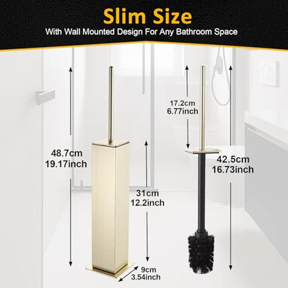 BVL Toilet Brush and Holder Floor Standing, Brushed Gold with 2 Replaceable Heads, Bathroom Toilet Brush, Freestanding Toilet Bowl Brush with Removable Liner and Splash Guard - color: Brushed Gold-standing
