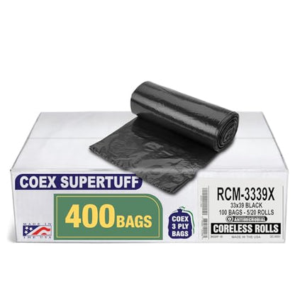 Aluf Plastics - COEX 3 Ply Garbage Bags, 33 Gallon, 1.5 Mil (eq), 33"x39", 400 Count (20 Rolls of 20) - style: 33 Gal, 1.5 Mil Equiv, 400 Count