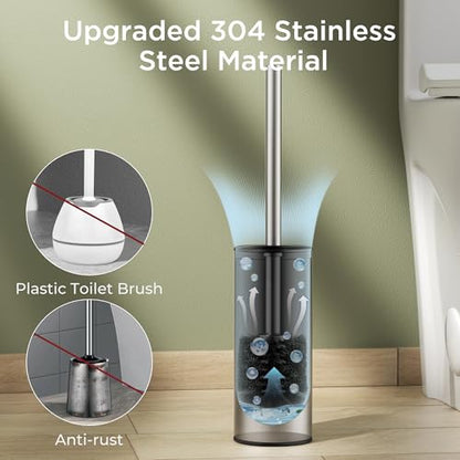Toilet Brush and Holder Set, Toilet Bowl Brush with Heavy Duty 304 Stainless Steel Base and Extra Long Handle, Toilet Bowl Cleaners Brush for Bathroom (Stainless Steel) - color: Stainless Steel