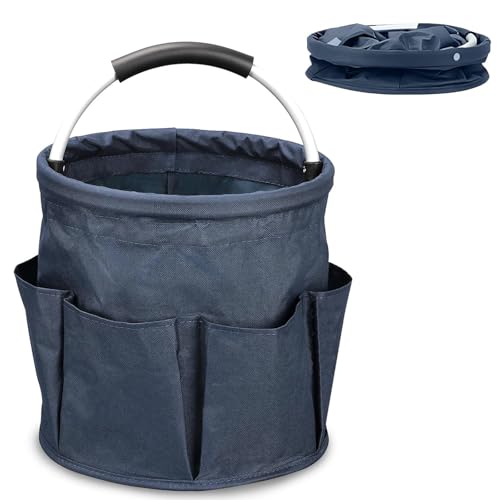 17L Foldable Cleaning Caddy with Handle, Cleaning Supplies Organizer Storage Basket with 6 Side Pockets, Portable Multi Cleaning Bucket Bag for Home Garden Bathroom Camping (Navy Blue) - color: Blue