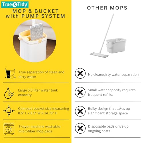 True & Tidy® TrueClean Mop & Bucket Spin Mop Pump System, Patent Pending 3 Compartments Separate Clean & Dirty Water, Hands-Free Self-Wringing Aluminum Head, Machine Washable Pads, in Gift Box