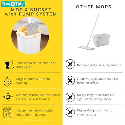 True & Tidy® TrueClean Mop & Bucket Spin Mop Pump System, Patent Pending 3 Compartments Separate Clean & Dirty Water, Hands-Free Self-Wringing Aluminum Head, Machine Washable Pads, in Gift Box