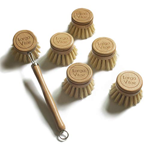 Wooden Dish Brush Made of Renewable Bamboo Wood and Natural Bristle Tampico Fiber, includes 5 Replacement Brush Heads, Durable, Long Lasting, All Purpose Kitchen Scrubber