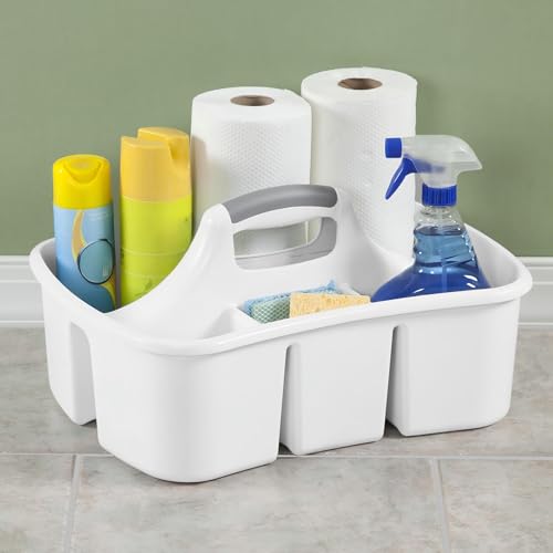 Divided Caddy Easy Carry Handy Plastic Utility Storage Organizer White Multi Compartment Portable Storage Caddy for Bathroom Kitchen Office Cleaning Supplies Makeup Organizer