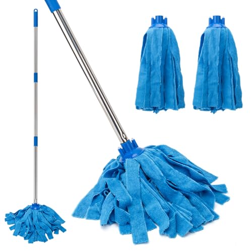 KeFanta Mop, Microfiber Cloth Mops for Floor Cleaning, One Pole with Two Microfiber Cloth Wet Mop Refills, String Mop with 49" Long Handle, Blue (1 Handle & 2 Mop Heads)