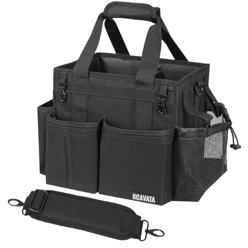 SCAVATA Compact Wearable Cleaning Caddy, Small Supplies Organizer with Handle & Shoulder Straps for Housekeepers, Under Sink & Car Cleaning Tool Organizer Bag (Black) - color: Black