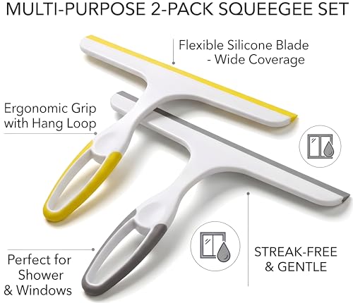2 Pack Shower Squeegee for Glass Doors – 9.5” Silicone Blade Window Cleaner Tool (Grey & Yellow) – Bathroom, Car Windshield, Mirror & Tile Cleaning Wiper with Hook – Lightweight Ergonomic Handle