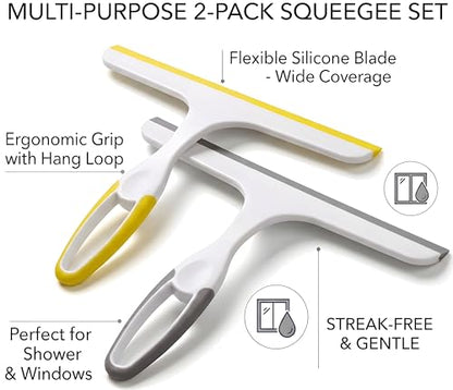 2 Pack Shower Squeegee for Glass Doors – 9.5” Silicone Blade Window Cleaner Tool (Grey & Yellow) – Bathroom, Car Windshield, Mirror & Tile Cleaning Wiper with Hook – Lightweight Ergonomic Handle