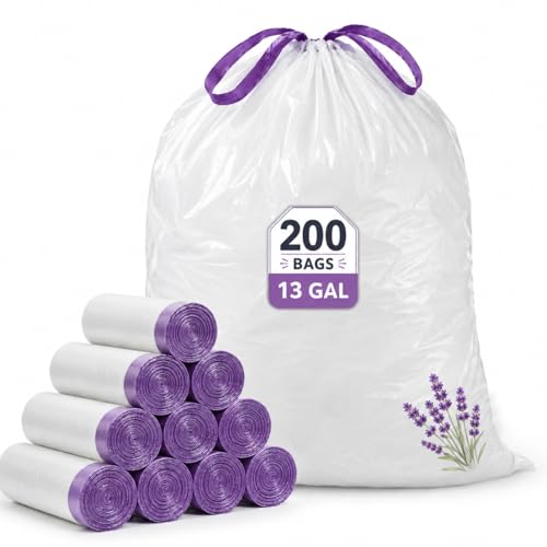 13 Gallon Tall Kitchen Trash Bags, 200 Count Lavender Scented | Drawstring Closure Odor Control Leak Resistant Tear Resistant Easy Tie Handles