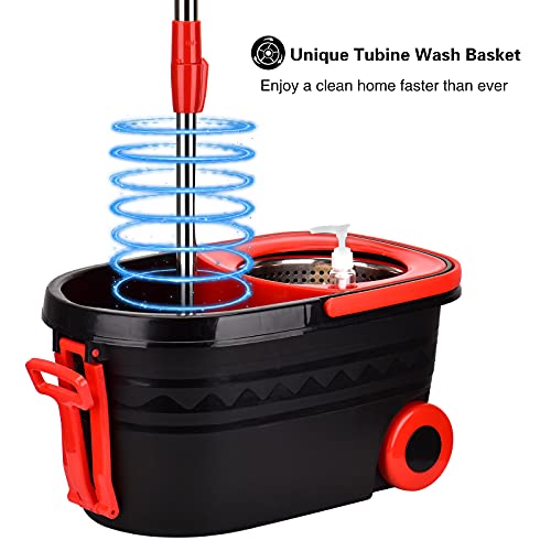 Spin Mop and Bucket with Wringer Set, Stainless Steel 360 Spinning Mop Bucket with 2X Round Wheels for Home Cleaning System with Dual Mop Heads Self Wringing Red Big Bucket 25QT (Black & Red)