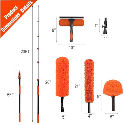 26FT Reach Duster Kit, Window Cleaning with 5-20FT Telescoping Extension Pole, High Ceiling Duster, Microfiber Feather Duster, Cobweb Duster, Window Squeegee, Feather Duster, Extendable Pole Kit - color: Orange, size: 20FT