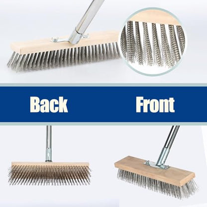 Heavy Duty Wire Broom with Telescopic Handle(63IN), Stiff Metal Brush Deck Scrub Brush Long Handle Tile Deck Cleaning Tool Scrub Brush for Cleaning Moss Grout Garden Garage (with 20CM Broom Head) - size: with 20CM Broom Head