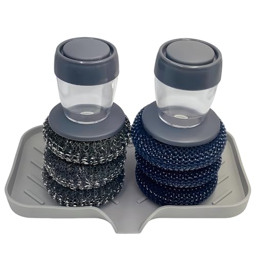 2-in-1 Soap Dispensing Dish Brush Set, with 6 Heads & Tray | PET soft for non-stick; steel wool for cast iron. Upgraded seal reduces leaks. 6 heads + drip tray
