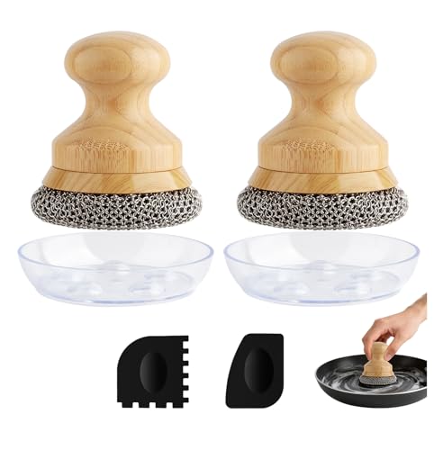 Cast Iron Scrubber and Scraper,Chain Mail Cleaner with Bamboo Handle & Draining Tray,316 Stainless Steel Brush for Cleaning Pots,Pans,Wok,Bakeware,Griddles, Grills(Small Chainmail,2pcs) - size: Small 2pcs