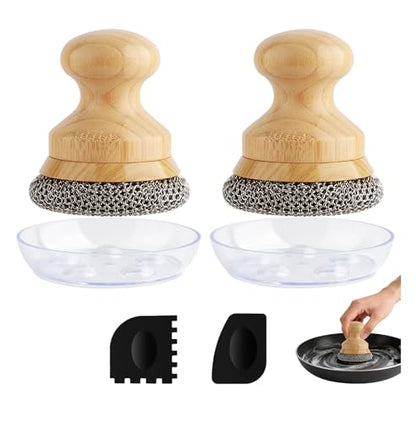 Cast Iron Scrubber and Scraper,Chain Mail Cleaner with Bamboo Handle & Draining Tray,316 Stainless Steel Brush for Cleaning Pots,Pans,Wok,Bakeware,Griddles, Grills(Small Chainmail,2pcs) - size: Small 2pcs