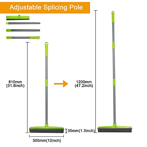 Push Broom Pet Hair Removal Broom with Squeegee,Soft Silicone Bristle Broom with Long Handle, Non Scratch Carpet Sweeper Brush for Cat/Dog Hair Hardwood Tile Windows(Green) - color: Green