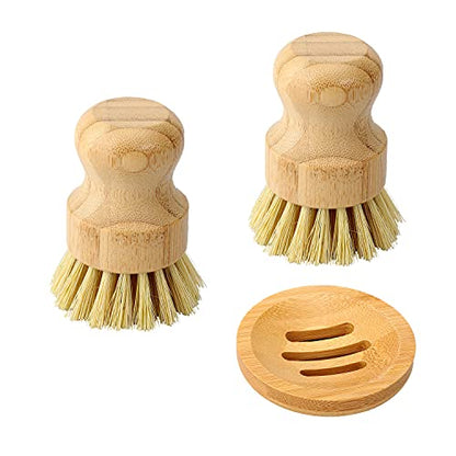 Bamboo Dish Scrub Brush, Kitchen Dish Scrubber Brush Set for Cleaning Dishes,Sink, Cast Iron Pan/Pot