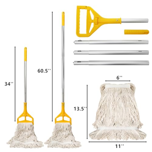 Yesland Commercial Mop with 2 Mop Heads, Industrial Cotton Mops with 61inch Long Handle, Heavy Duty Looped-End String Wet Mops for Cleaning Office Garage Hardwood Warehouse Factory Mall Deck