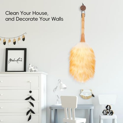 Feather Duster, Lambswool Duster for Cleaning,with Solid Wooden Handle,Leather Hang Strap,Anti-Static 14.9 inch Washable Reusable Small Hand Duster(Natural) for Office, Home and Car - size: 14.9inch