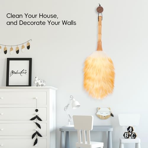 Feather Duster, Lambswool Duster for Cleaning,with Solid Wooden Handle,Leather Hang Strap,Anti-Static 14.9 inch Washable Reusable Small Hand Duster(Natural) for Office, Home and Car - size: 14.9inch