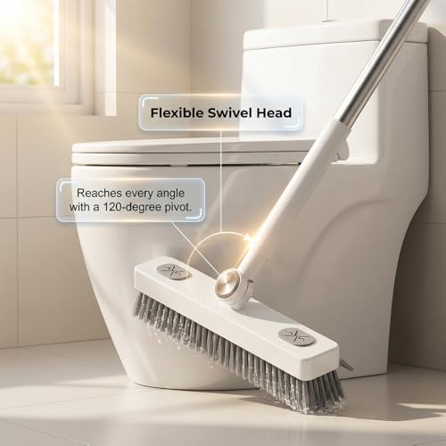 Floor Scrub Brush, Grout Cleaner with Long Handle, V-Shaped Grout Cleaner for Deep Cleaning, Deck Crevice Scrubbing Tool, Adjustable Handle, Multi-Surface Cleaning Brush (White) - color: White