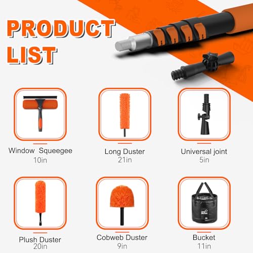 SISUPASSIE 36FT Reach High Ceiling Duster Kit, Window Cleaning kit with 7-30FT Extension Pole, Fan Duster for Ceiling Fan Blades, Microfiber Feather Duster, Window Squeegee, Bucket and Cobweb Duster - size: 30FT