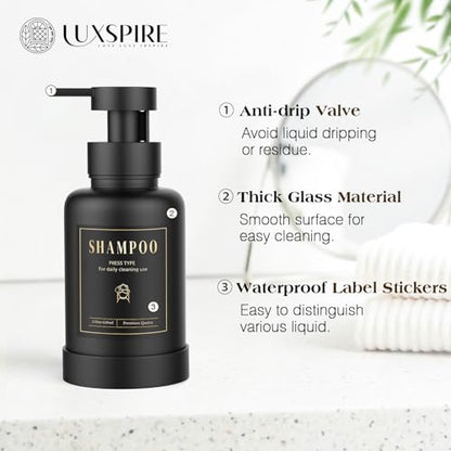 Luxspire Foaming Soap Dispenser, Glass Foam Pump Soap Dispenser, Non-Slip Hand Soap Bottle with 5 Waterproof Labels, 15 Oz Refillable Liquid Soap Bottle for Bathroom & Kitchen, Black, 2 Pack - color: Black