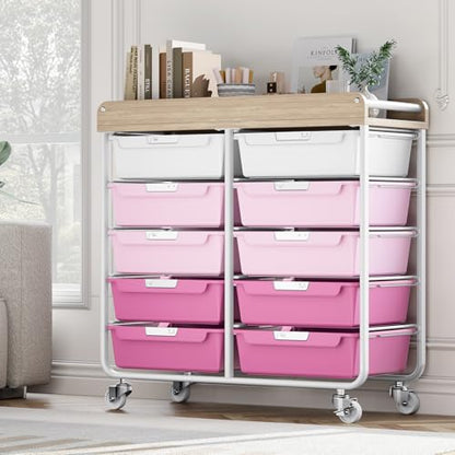 10 Drawers Rolling Cart with Wooden Tabletop, Utility Storage Cart with Wheels, Art Supply Craft Organizer on Wheel with Metal Frame & Handles for Home Office School,Pink - color: Pink